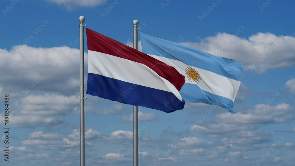 Argentina and Netherlands flags flying together, video concept of the relationship, two country relations concept Argentina and Netherlands flags flying together, video concept of the relationship, two country relations concept