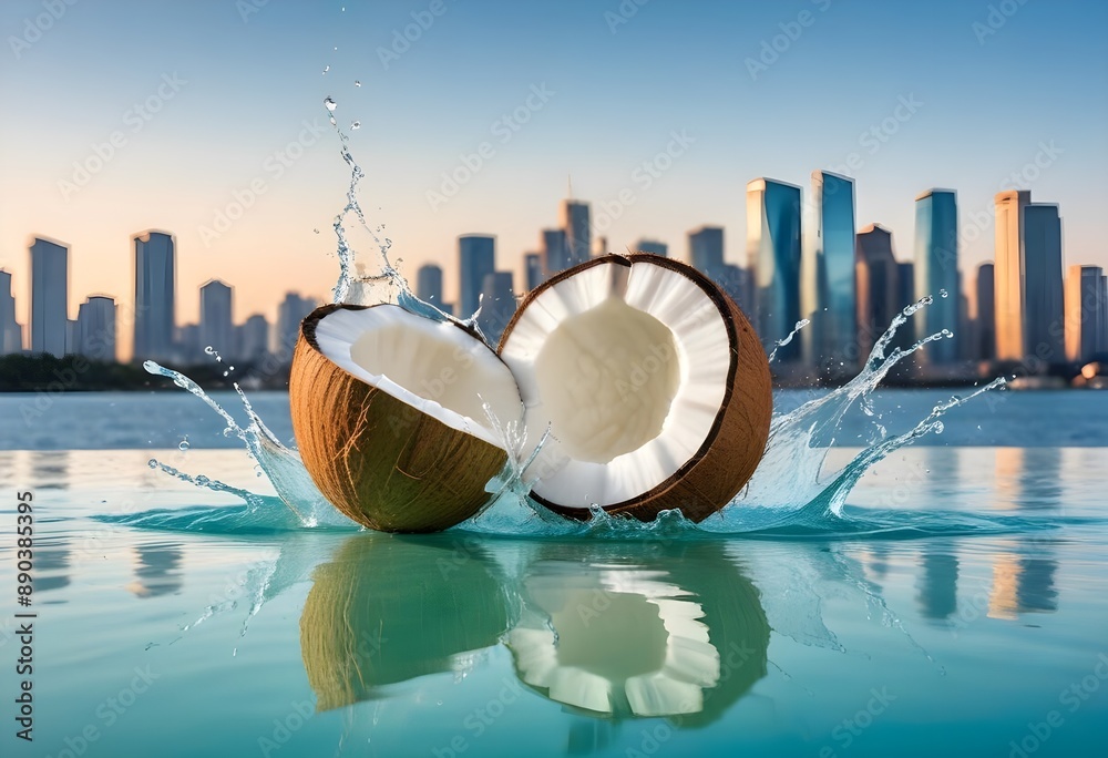 Naklejka premium A coconut falling onto a surface with water splashing around it