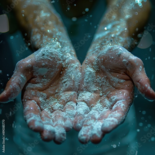 A close-up photo of a gymnast's chalk-covered hands By Generated AI photo