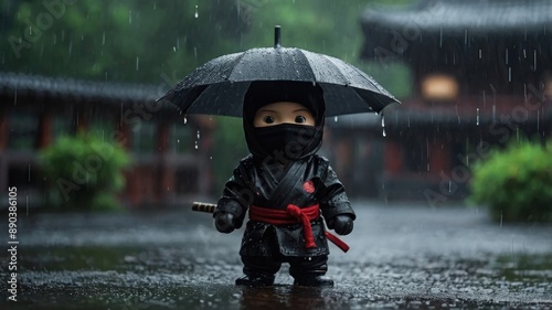 A cute little ninja in a black outfit with a red belt, standing under the rain, showcasing determination and focus. Perfect for cultural and martial arts themes.