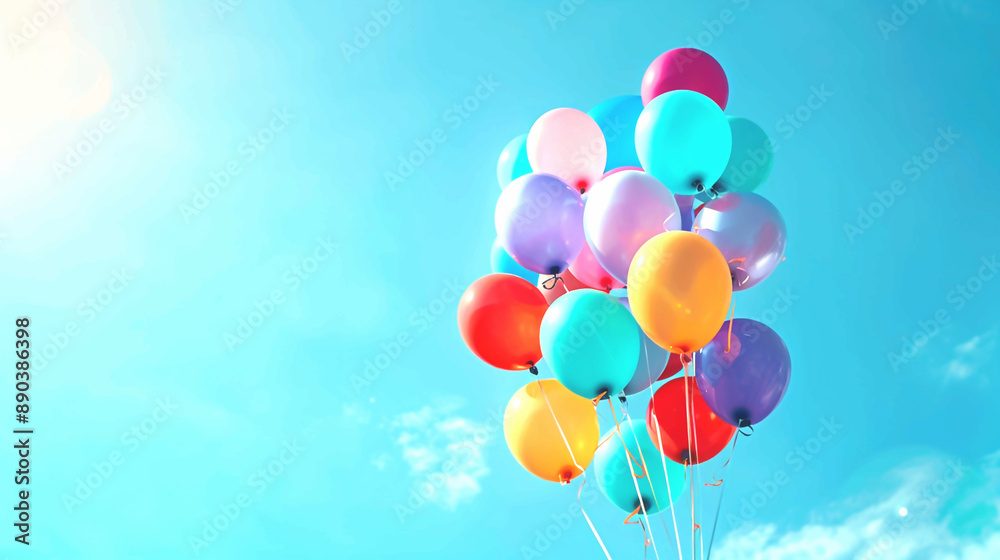 Colorful balloons flying into the blue sky. Summer festival holiday background, birthday celebration party decoration, happy anniversary event Colorful balloons flying into the blue sky. Summer festival holiday background, birthday celebration party decoration, happy anniversary event