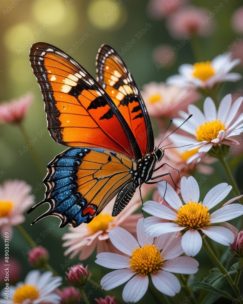 Close-up of a butterfly perched on a flower, showcasing the intricate details of its vibrant wings and the delicate petals, captured with hyper-realistic precision. Close-up of a butterfly perched on a flower, showcasing the intricate details of its vibrant wings and the delicate petals, captured with hyper-realistic precision.