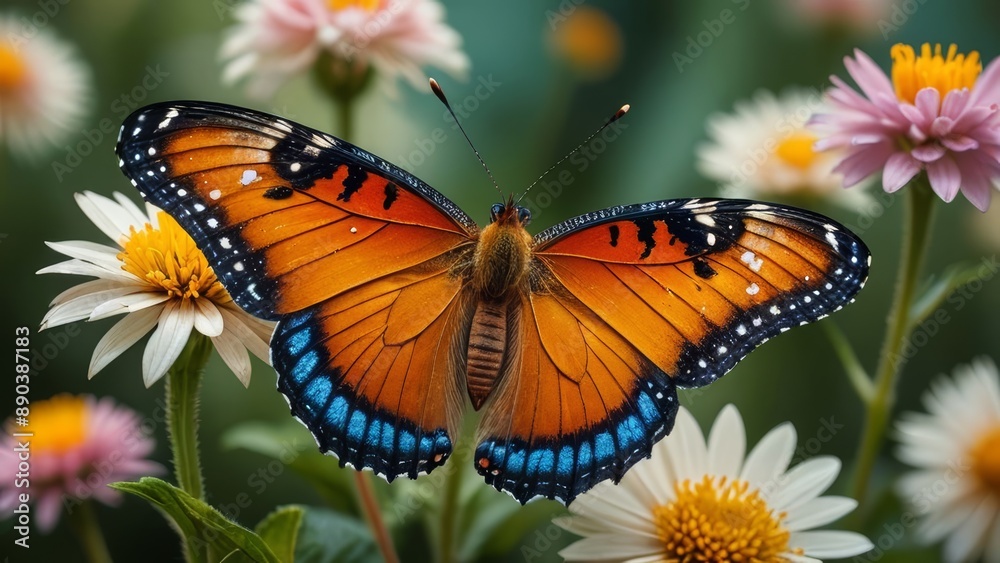 Obraz premium Close-up of a butterfly perched on a flower, showcasing the intricate details of its vibrant wings and the delicate petals, captured with hyper-realistic precision.