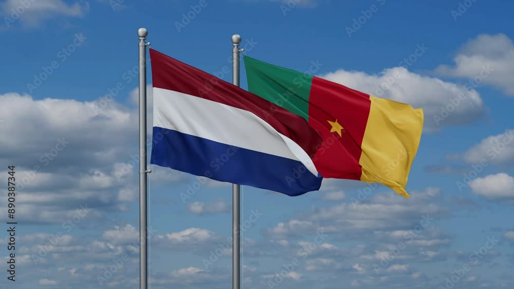 Cameroon and Netherlands flags flying together, video concept of the relationship, two country relations concept Cameroon and Netherlands flags flying together, video concept of the relationship, two country relations concept