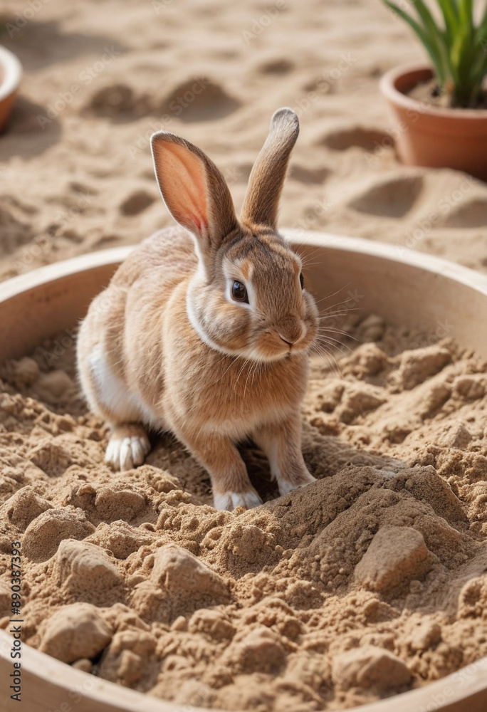 A playful rabbit digging in a sandbox. A playful rabbit digging in a sandbox.