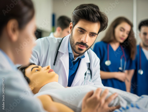 A doctor educating medical interns.