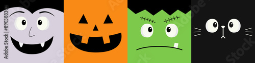 Happy Halloween icon set line. Pumpkin, Vampire count Dracula, Frankenstein, Cat square face head. Cute cartoon funny spooky character. Greeting card, sticker print. Flat design Baby background Vector