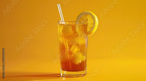 A refreshing iced tea in a rice-colored glass with a straw and lemon wedge