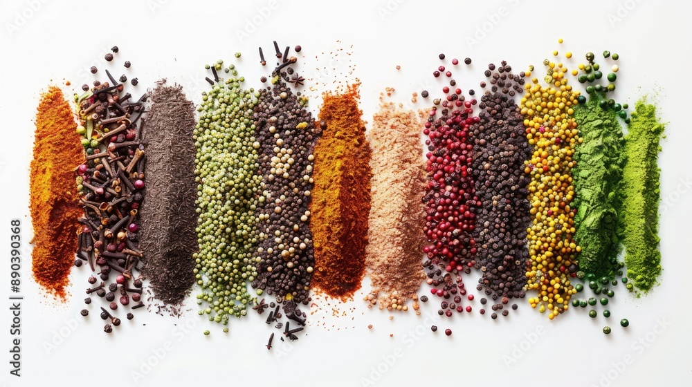 Assorted spices arranged in a rainbow pattern on a white background Assorted spices arranged in a rainbow pattern on a white background