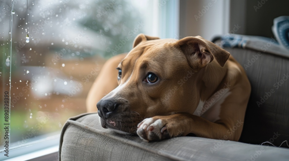 Bored 1-year-old female boxer pit bull mix dog lying on a chair, looking out the window on a rainy day. Bored 1-year-old female boxer pit bull mix dog lying on a chair, looking out the window on a rainy day.