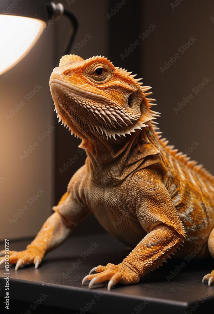 Obraz premium A bearded dragon basking under a heat lamp.