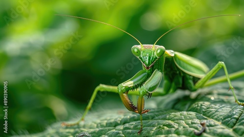 Praying mantis catching a prey on a leaf