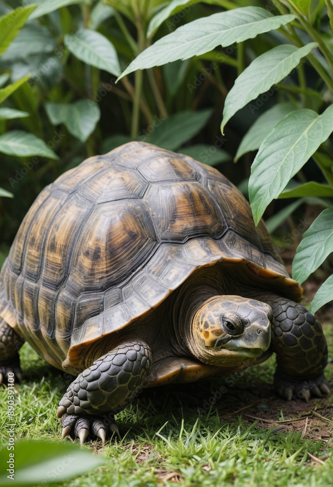 A tortoise grazing on a leafy plant. A tortoise grazing on a leafy plant.