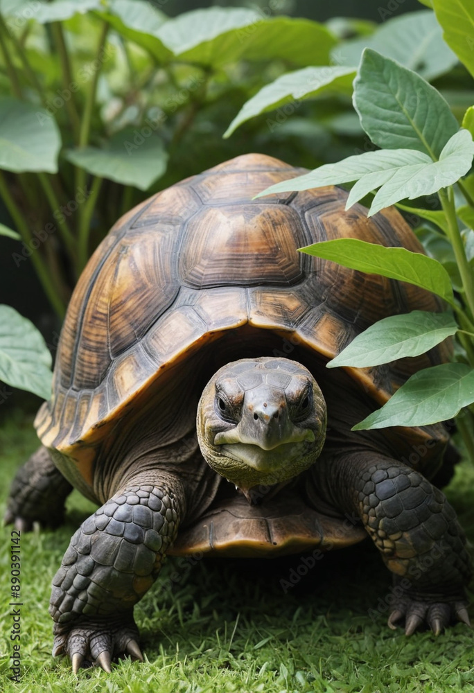 Naklejka premium A tortoise grazing on a leafy plant. 
