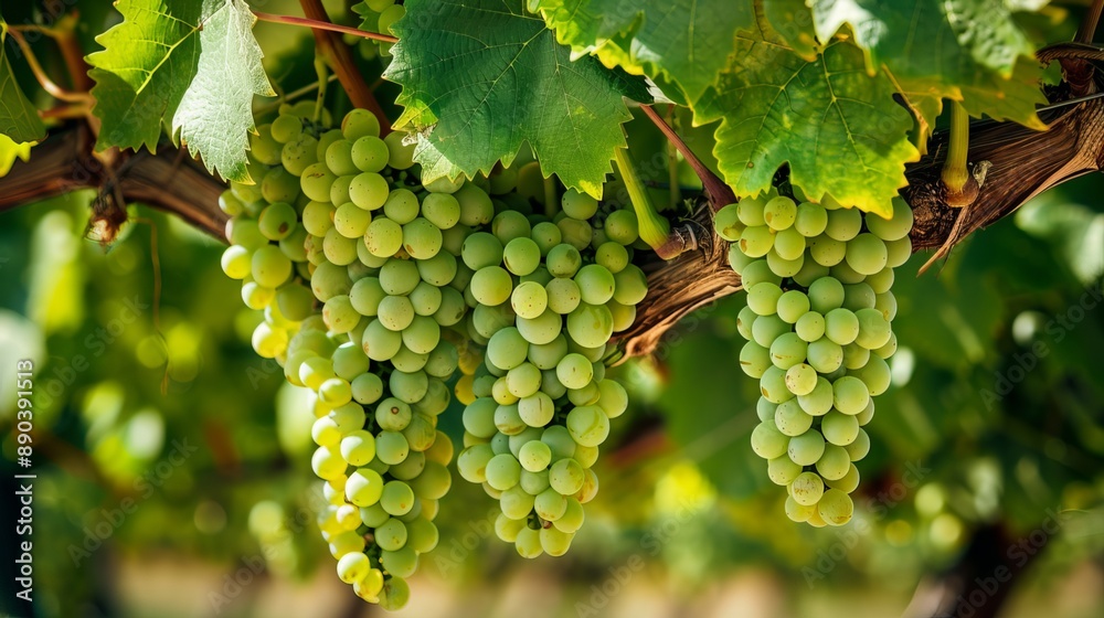 Green grapes hang in bunches on a vine, surrounded by healthy leaves. The perfect grapes for making wine in the Penedes region of Spain. Green grapes hang in bunches on a vine, surrounded by healthy leaves. The perfect grapes for making wine in the Penedes region of Spain.