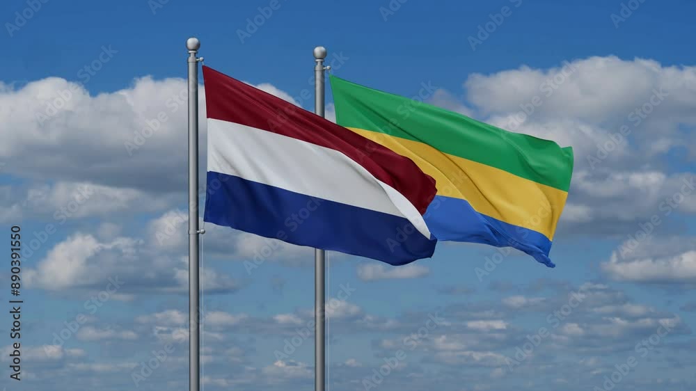 Gabon and Netherlands flags flying together, video concept of the relationship, two country relations concept Gabon and Netherlands flags flying together, video concept of the relationship, two country relations concept