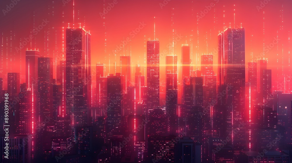 Fototapeta premium Glowing Futuristic Cityscape with Digital Neon Lights and Vibrant Atmosphere