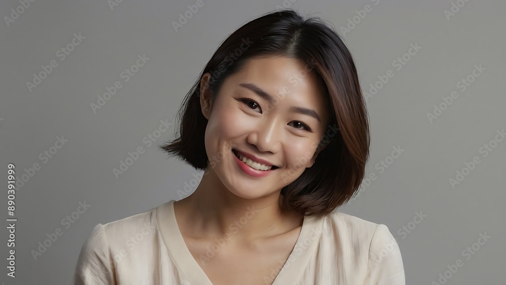 Beautiful Asian woman of middle age or young age posing for beauty portrait. Pretty mature adult lady model from Asia looking at camera smiling on background advertising with copy space Beautiful Asian woman of middle age or young age posing for beauty portrait. Pretty mature adult lady model from Asia looking at camera smiling on background advertising with copy space