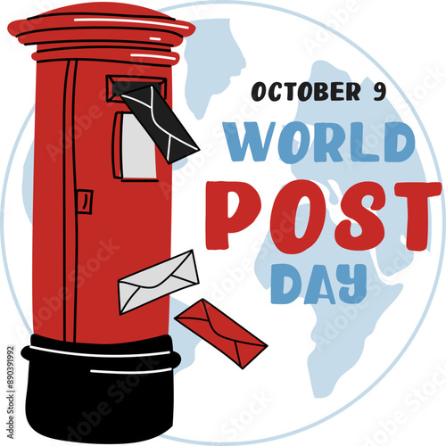Post Day banner with post box mail box design vector illustration, World Post Day. World Mail Day. Square banner for the holiday. The red mailbox accepts mail, letters, parcels, white, blue earth map