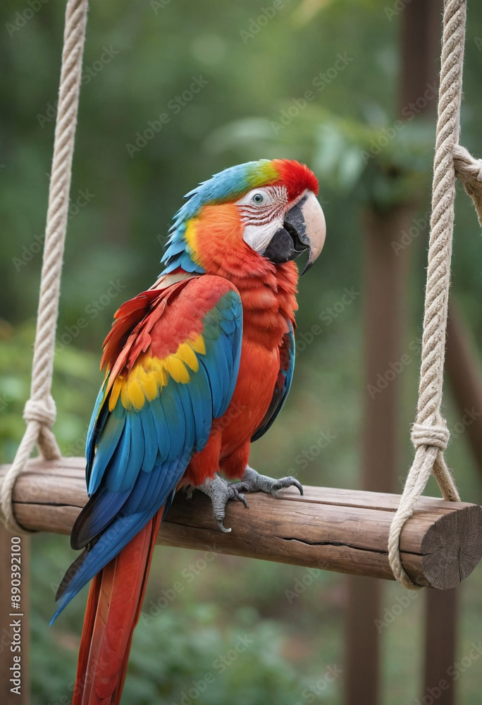 Obraz premium A colorful macaw perched on a wooden swing. 