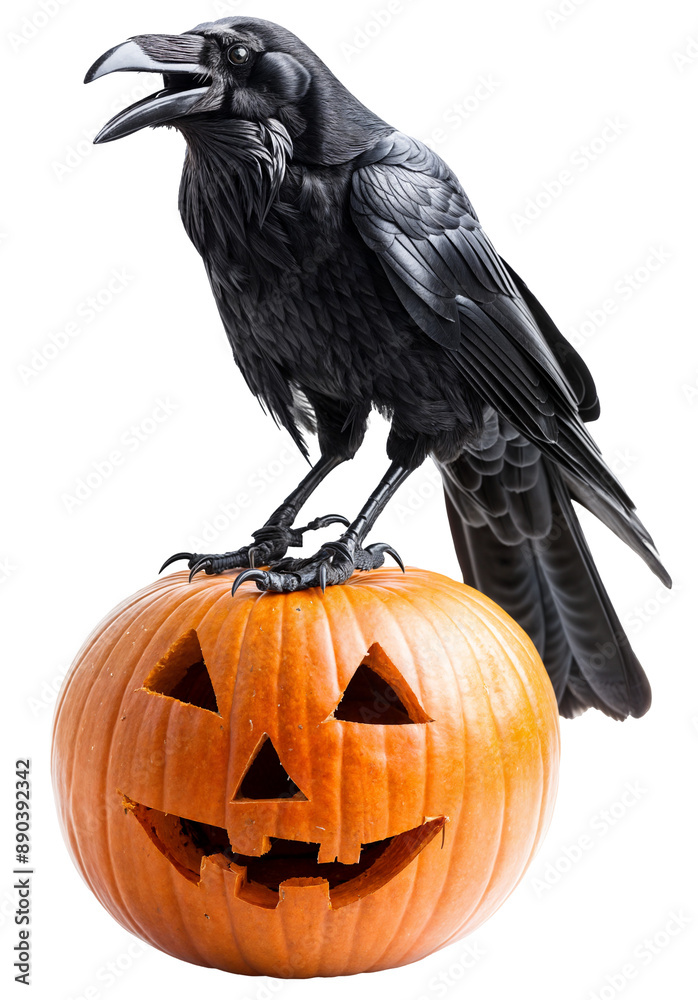 Fototapeta premium Black Crow Perched on Carved Jack-o-Lantern Pumpkin with Spooky Face on Transparent Background - Halloween Symbol