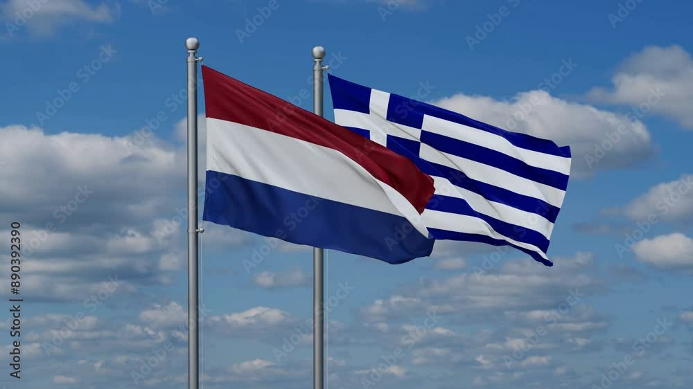 Greece and Netherlands flags flying together, video concept of the relationship, two country relations concept Greece and Netherlands flags flying together, video concept of the relationship, two country relations concept