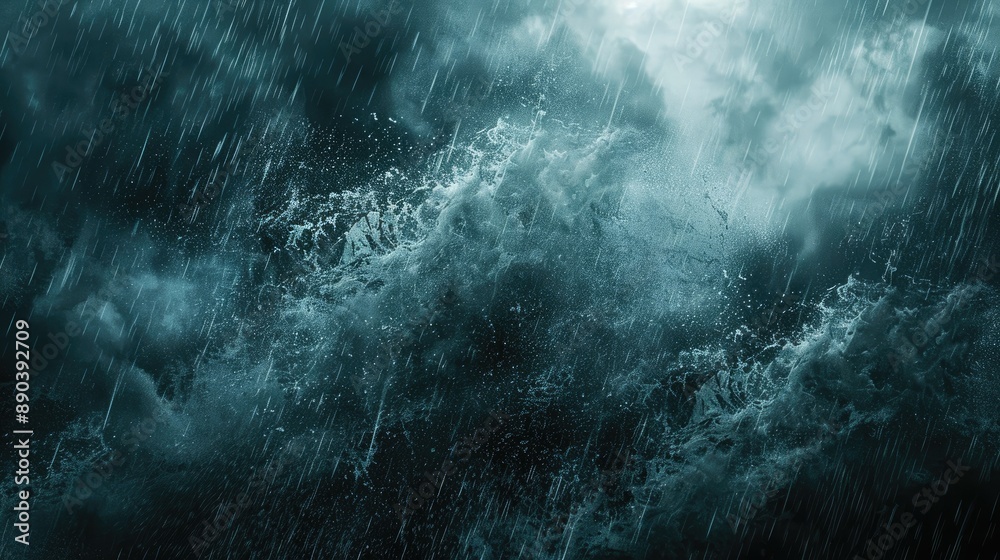 Fototapeta premium Intense rain splashes and thick fog overlaying a dark background, evoking a stormy atmosphere