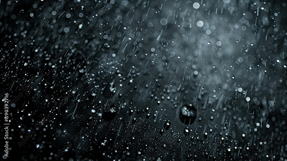Fototapeta premium Intense rain droplets and fog overlay on a black background for a dramatic texture