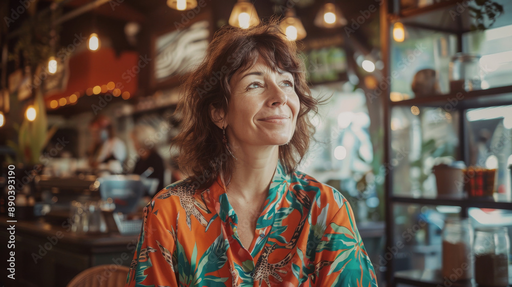 Portrait of a foreign woman in camping attire at coffee shop