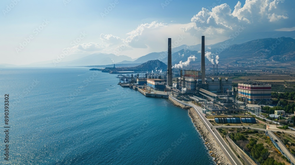 Panoramic view of an electrical plant situated by the sea Panoramic view of an electrical plant situated by the sea