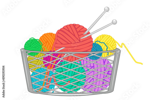 Full basket with yarn balls isolated on white background. Colorful balls of thread and knitting needles in bag. Case with tools for handmade knit work. Knitting love, knitwork, creativity, handmade, h