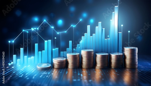 3D coin background with a blue finance graph and investment bar, showcasing growth