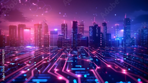 Vibrant Cityscape with Glowing Skyscrapers and Digital Elements