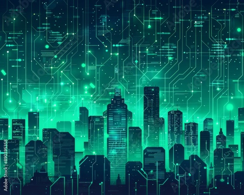 Futuristic Smart Cyber City illustration: Innovative Urban Landscape in Digital Circuitry, futuristic technology concept, Graphic Resources, Wallpapers, Brochure, Websites, banner design, Advertising,