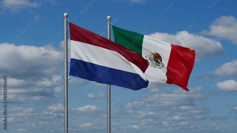Mexico and Netherlands flags flying together, video concept of the relationship, two country relations concept Mexico and Netherlands flags flying together, video concept of the relationship, two country relations concept