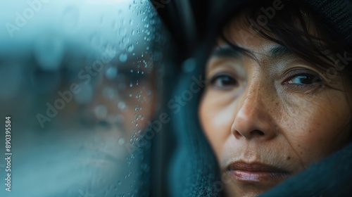 A woman dressed warmly gazes thoughtfully through a rain-speckled train window, reflecting a contemplative mood and the tranquility of a rainy day journey.