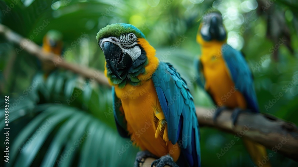 A vibrant blue-and-yellow macaw stands prominently perched on a branch with lush green tropical vegetation in the background, capturing the beauty and vivid colors of the parrot. A vibrant blue-and-yellow macaw stands prominently perched on a branch with lush green tropical vegetation in the background, capturing the beauty and vivid colors of the parrot.