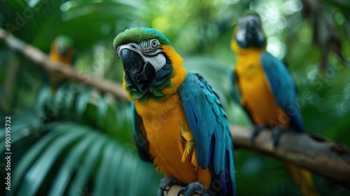 A vibrant blue-and-yellow macaw stands prominently perched on a branch with lush green tropical vegetation in the background, capturing the beauty and vivid colors of the parrot. photo