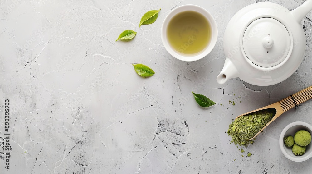 Green matcha powder and tea in a teapot for preparing a drink on a wooden background Green matcha powder and tea in a teapot for preparing a drink on a wooden background