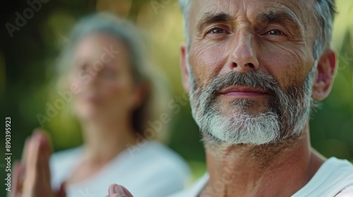 A senior couple, both appearing peaceful and focused, are engaged in an outdoor meditation session. The natural background emphasizes the tranquility and intimate connection between them. photo