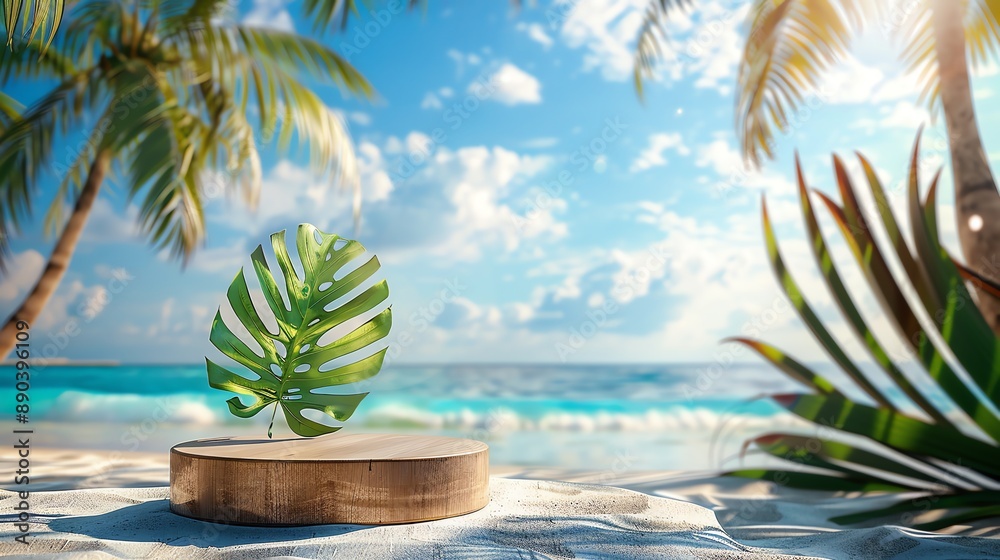Tropical Beach Podium with Monstera Leaf.