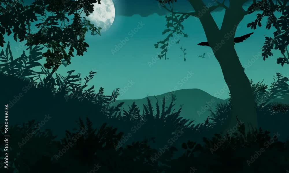 A dark forest with a large moon in the sky. A bird is flying in the sky. Scene is mysterious and peaceful A dark forest with a large moon in the sky. A bird is flying in the sky. Scene is mysterious and peaceful