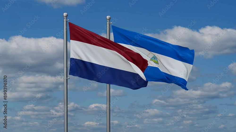Nicaragua and Netherlands flags flying together, video concept of the relationship, two country relations concept Nicaragua and Netherlands flags flying together, video concept of the relationship, two country relations concept
