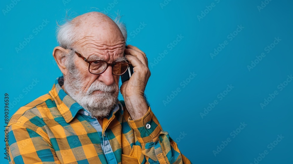 Elderly man talking on the phone over isolated background Elderly man talking on the phone over isolated background