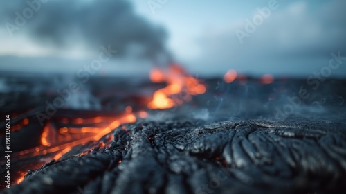 An awe-inspiring scene featuring flowing lava from an active volcano, with smoke rising into the sky, illustrating the raw power of nature's volcanic activity.