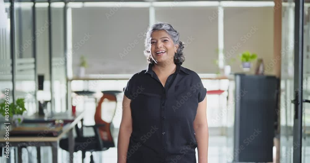 Indian Asian older mid aged adult boss ceo woman lady owner agent look cam do pose head shot video elder old happy gen x female expert staff worker standing proud day indoor job office work place room Indian Asian older mid aged adult boss ceo woman lady owner agent look cam do pose head shot video elder old happy gen x female expert staff worker standing proud day indoor job office work place room