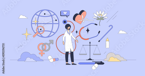 Health equity for every gender or race tiny person neubrutalism concept. Equal healthcare accessibility for all society groups vector illustration. Medical treatment outcome opportunity for everyone.