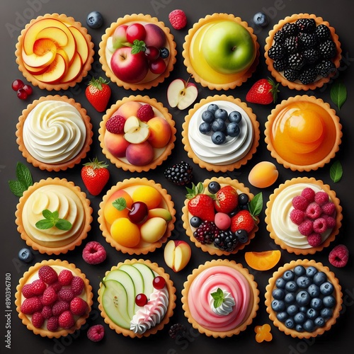 Collection of fruit cream curd fruit tart tartlet pastry dessert, on transparent, top view overhead. Apple, strawberry, apricot, peach, blackberry, cherry, raspberry, blueberry