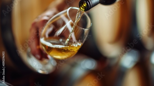 A detailed image shows white wine being poured into a glass from a bottle, capturing the elegance and fineness associated with wine consumption and tasting.