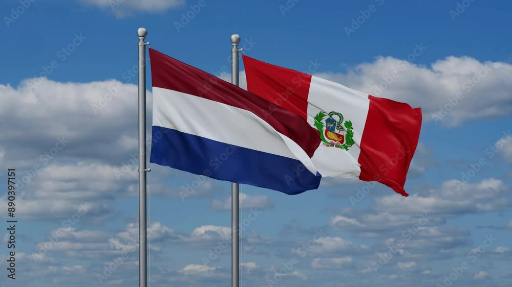 Peru and Netherlands flags flying together, video concept of the relationship, two country cooperation concept Peru and Netherlands flags flying together, video concept of the relationship, two country cooperation concept